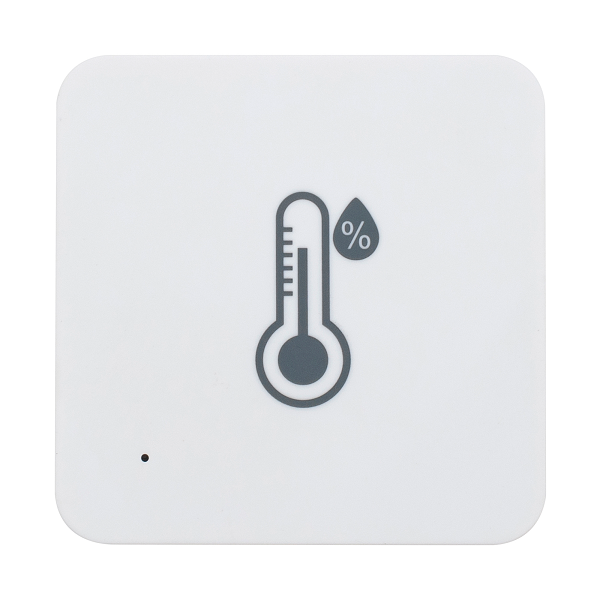 White square device with a thermometer and humidity symbol on a white background