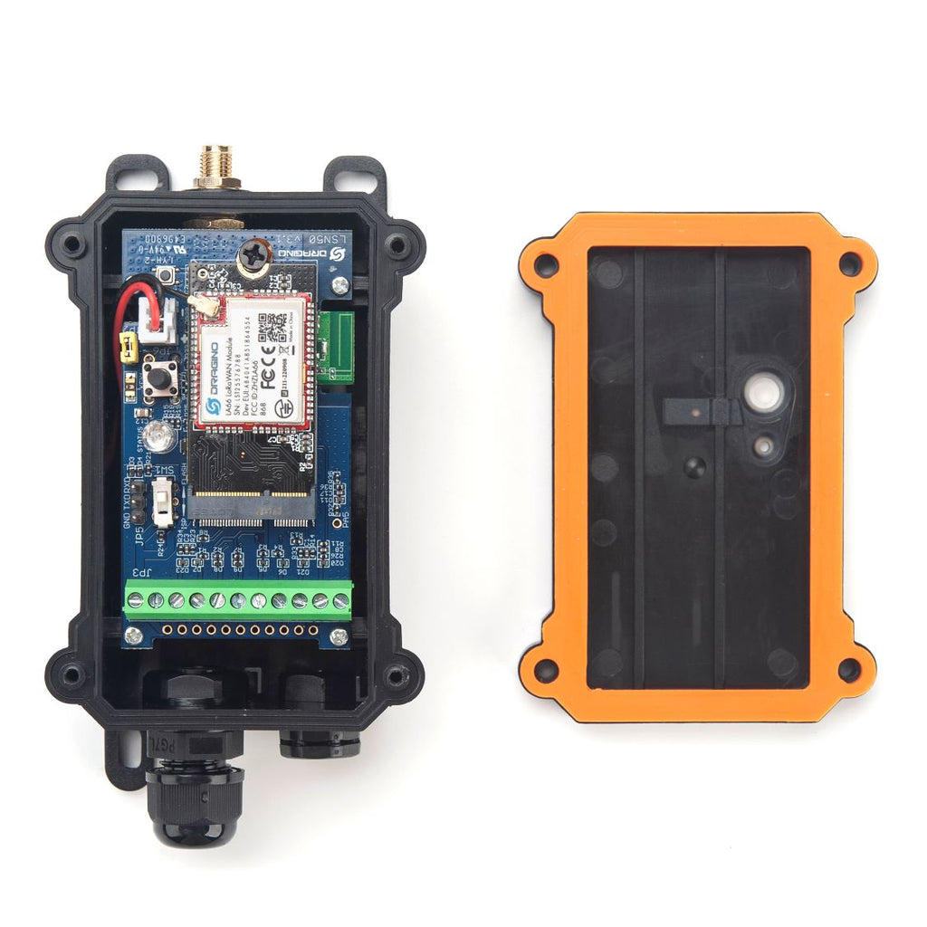 Electronic module with blue circuit board and black protective casing on a white background